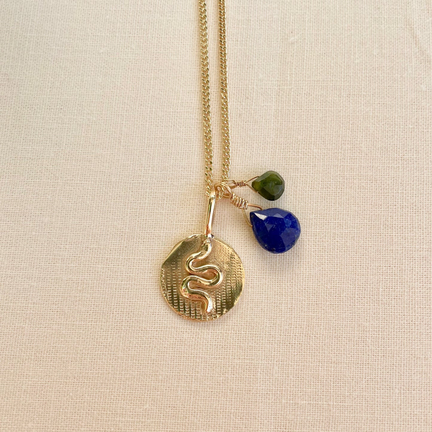 Creative Life Force Snake Medallion with with Lapis Lazuli and Green Tourmaline Briolette