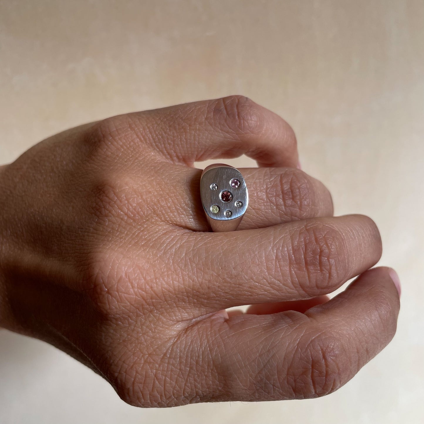 Silver Signet with 3 white Diamonds, 1 Yellow Diamond, Pink Tourmaline and Garnet