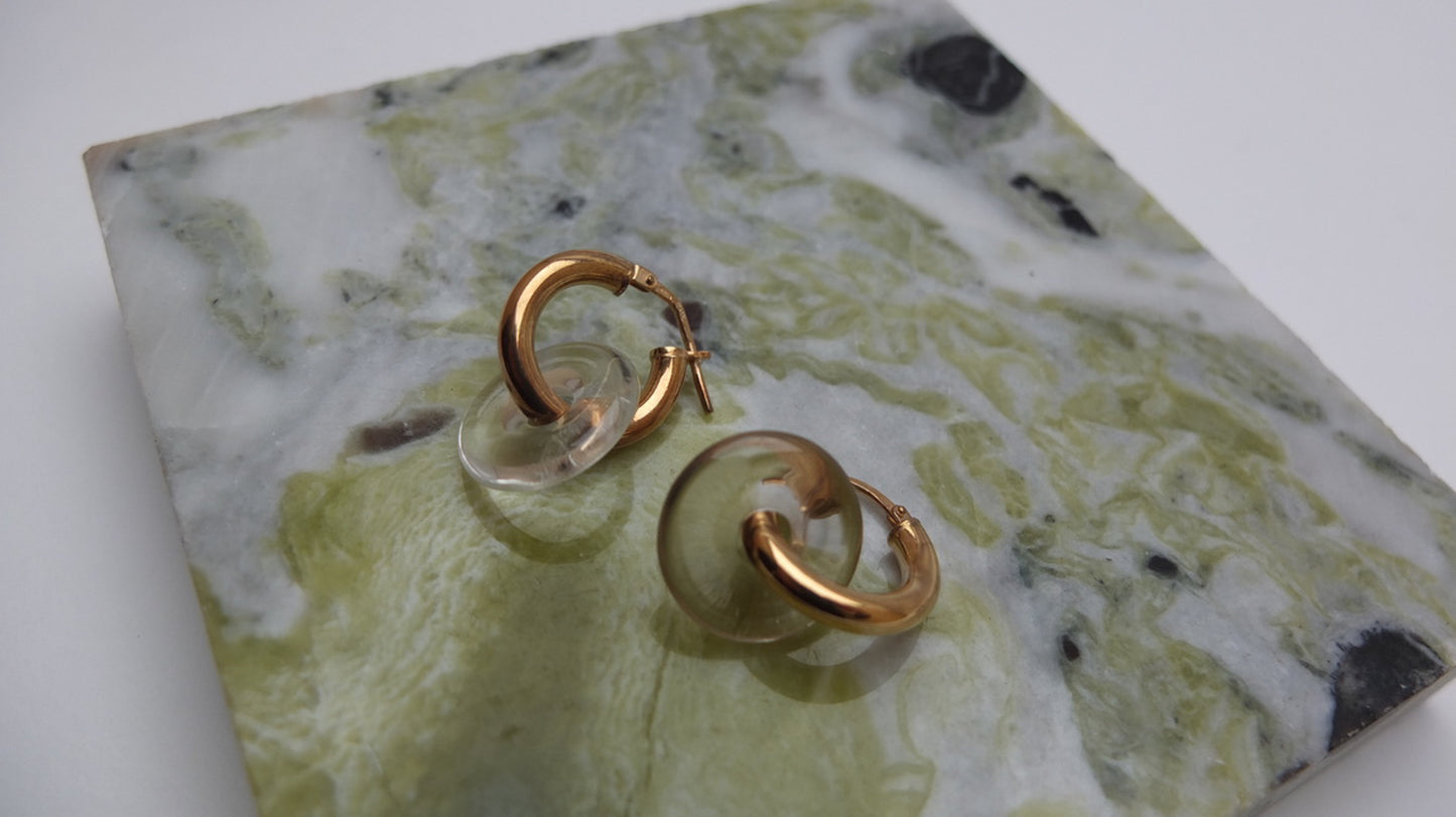 Clear Quartz Donut On Gold Plated Small Hoop
