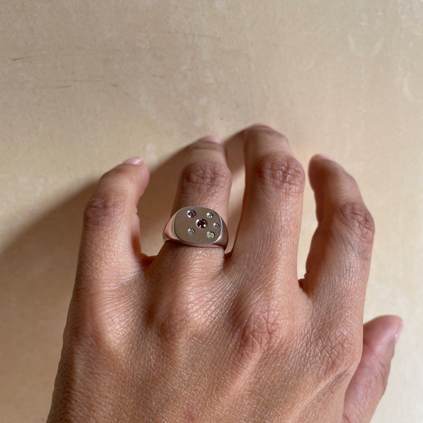 Silver Signet with 3 white Diamonds, 1 Yellow Diamond, Pink Tourmaline and Garnet