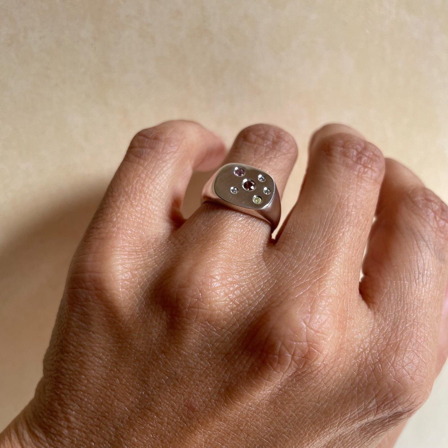 Silver Signet with 3 white Diamonds, 1 Yellow Diamond, Pink Tourmaline and Garnet