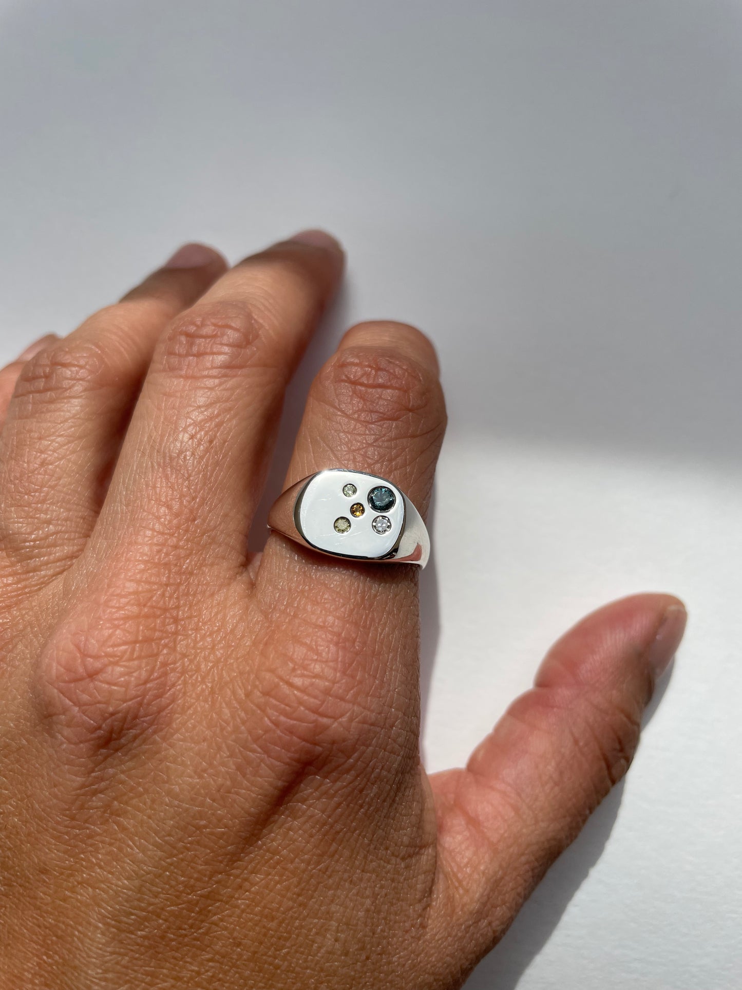 Silver Signet with Teal Blue Tourmaline, White Diamond, Yellow Diamond, Citrine and Peridot