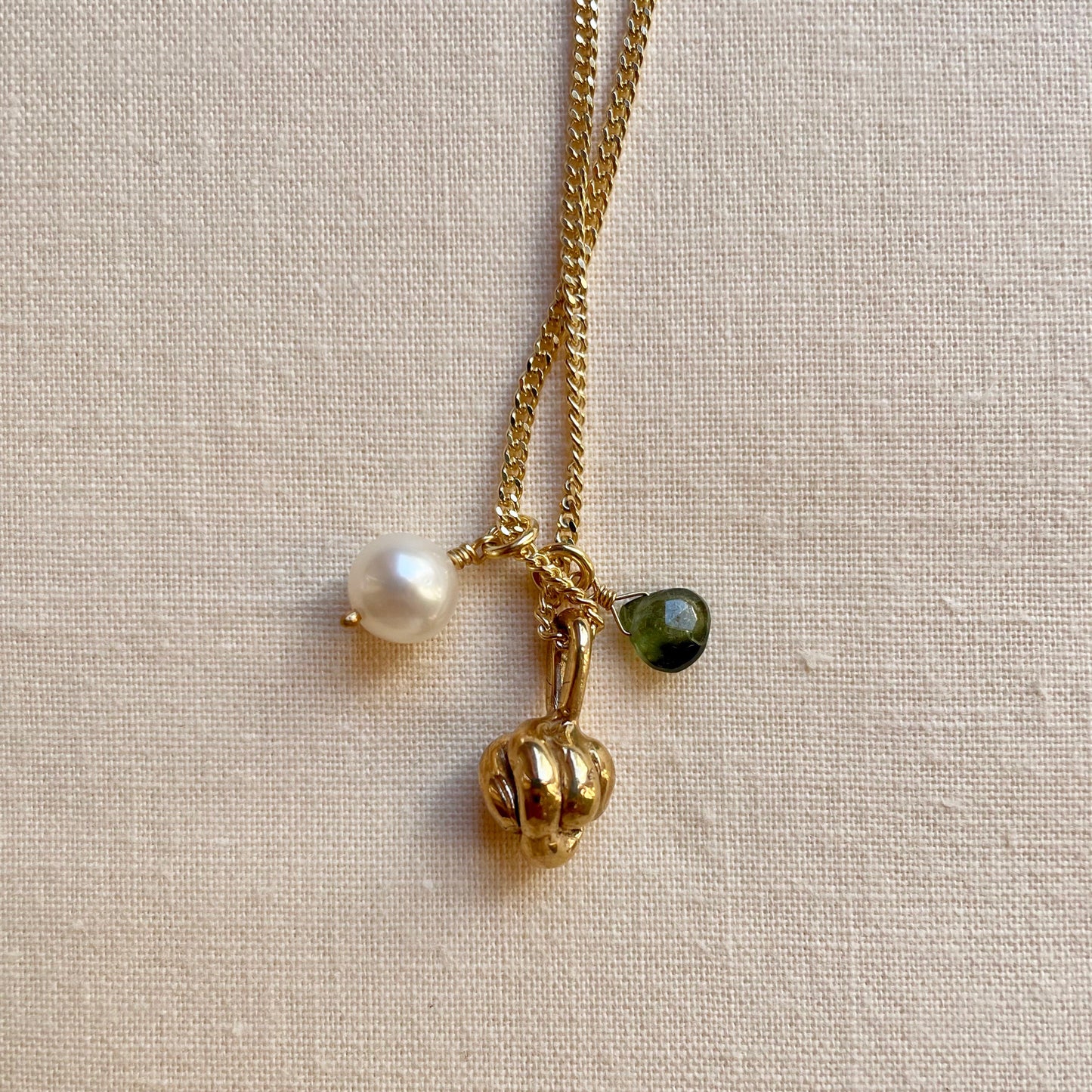 Be Free Necklace. Bronze knot, Pearl and Green Tourmaline Briolette